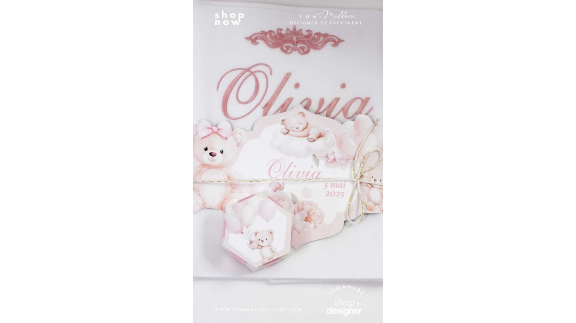 Trusou botez cu ursuleti si flori roz Teddy Bear Baby Girl 3